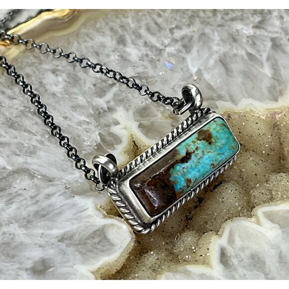 Navajo Kingman Turquoise Dixon Sterling Silver Bar Necklace 17" by J Dixon 6.9g - Picture 7 of 16